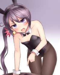 Rule 34 | 10s, 1girl, absurdres, akebono (kancolle), animal ears, bare shoulders, bell, blush, bow, bowtie, breasts, commentary request, detached collar, fake animal ears, flower, frown, gradient background, hair bell, hair flower, hair ornament, hairband, hand on table, highres, jingle bell, kantai collection, leotard, long hair, neit ni sei, open mouth, pantyhose, playboy bunny, pointing, purple eyes, purple hair, rabbit ears, side ponytail, small breasts, solo, table, very long hair, wrist cuffs