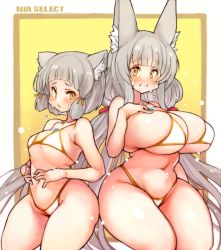 Rule 34 | 2girls, animal ears, bikini, blunt bangs, breasts, cat ears, chest jewel, dual persona, facial mark, flat chest, large breasts, long hair, low twintails, multiple girls, navel, nia (blade) (xenoblade), nia (xenoblade), revision, sachito, short hair, silver hair, swimsuit, twintails, very long hair, xenoblade chronicles (series), xenoblade chronicles 2, yellow eyes