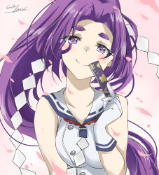 Rule 34 | 1girl, dress, folded fan, folding fan, gakky, gloves, hand fan, hatsuharu (kancolle), highres, hikimayu, kantai collection, long hair, looking at viewer, one-hour drawing challenge, ponytail, purple eyes, purple hair, sailor dress, shide, short eyebrows, sleeveless, sleeveless dress, smile, solo, upper body, white dress, white gloves