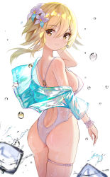 Rule 34 | 1girl, absurdres, arm behind head, arm up, ass, blonde hair, blue jacket, breasts, bubble, closed mouth, commentary request, cowboy shot, flower, from behind, genshin impact, hair between eyes, hair flower, hair ornament, highres, jacket, looking at viewer, looking back, lumine (genshin impact), medium breasts, o-ring, o-ring swimsuit, off shoulder, one-piece swimsuit, open clothes, open jacket, prinz eugen1938, purple flower, short hair, sideboob, simple background, single bare shoulder, smile, solo, standing, swimsuit, thigh strap, white background, white one-piece swimsuit, wrist cuffs, yellow eyes