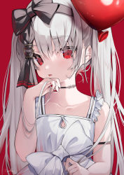 Rule 34 | 1girl, balloon, bare shoulders, black bow, black choker, black hairband, bow, choker, collarbone, commentary request, dress, grey hair, hair between eyes, hair bow, hairband, hand up, highres, holding, holding balloon, koyubita, long hair, looking at viewer, original, red background, red eyes, simple background, sleeveless, sleeveless dress, solo, tongue, tongue out, twintails, upper body, very long hair, white dress