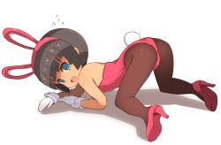 Rule 34 | 1girl, animal ears, aqua eyes, black hair, black pantyhose, blunt bangs, commentary request, fake animal ears, fake tail, flying sweatdrops, full body, garoudo (kadouhan&#039;i), gloves, hairband, high heels, leotard, looking at viewer, open mouth, original, pantyhose, pink footwear, pink hairband, pink leotard, playboy bunny, rabbit ears, rabbit tail, short eyebrows, short hair, simple background, solo, tail, thick eyebrows, top-down bottom-up, white background, white gloves