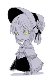 Rule 34 | 1girl, bloodborne, bonnet, boots, brooch, cape, chibi, jewelry, long hair, looking at viewer, lowres, monochrome, murai shinobu, plain doll, skirt, solo, spot color, yellow eyes