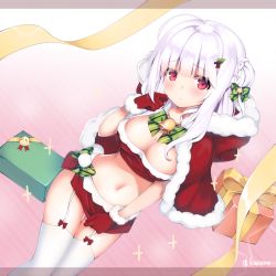 Rule 34 | 1girl, albino, azur lane, bad id, bad pixiv id, blush, bow, braid, breasts, christmas, cleavage, closed mouth, cowboy shot, cygnet (azur lane), cygnet (holy night&#039;s hymn) (azur lane), dutch angle, gift, gloves, green bow, hair bow, hood, kanora, large breasts, long hair, looking at viewer, midriff, miniskirt, navel, red eyes, red gloves, red skirt, ribbon, shawl, skirt, skirt tug, solo, standing, striped, striped bow, thigh strap, thighhighs, twitter username, white hair, white thighhighs, yellow ribbon