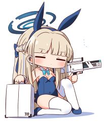 Rule 34 | ..., 1girl, animal ears, assault rifle, bare shoulders, blonde hair, blue archive, blue bow, blue footwear, blue hair, blue hairband, blue leotard, blush, bow, braid, breasts, bullpup, caseless firearm, chibi, closed eyes, closed mouth, collar, colored shoe soles, covered navel, detached collar, earpiece, facing viewer, fake animal ears, full body, gun, h&amp;k g11, hair bow, hairband, halo, hana kazari, headset, high-capacity magazine, highres, holding, holding gun, holding weapon, horizontal magazine, knee up, leotard, medium breasts, multicolored hair, playboy bunny, prototype design, rabbit ears, rifle, shoes, simple background, solo, strapless, strapless leotard, streaked hair, suitcase, thighhighs, toki (blue archive), toki (bunny) (blue archive), weapon, weapon request, white background, white collar, white thighhighs, wing collar, wrist cuffs