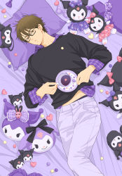 Rule 34 | 1boy, ace of diamond, black shirt, brown eyes, brown hair, collared shirt, cup, glasses, highres, holding, holding cup, holding plate, kuromi, looking at viewer, lying, male focus, mask, unworn mask, miyuki kazuya, on back, on bed, onegai my melody, pants, parted lips, plate, purple pants, purple shirt, sanrio, shirt, short hair, sideburns, sleep mask, solo, stuffed toy, twoframe