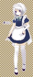 Rule 34 | 1girl, apron, bad id, bad pixiv id, braid, cake, character name, female focus, food, izayoi sakuya, katagiri (mighty swing), knife, maid, maid apron, maid headdress, open mouth, puffy sleeves, purple eyes, short hair, short sleeves, silver hair, solo, thighhighs, touhou, twin braids, weapon, white thighhighs