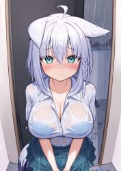 Rule 34 | 1girl, ahoge, alternate breast size, animal ears, aqua eyes, blue bra, blue skirt, blush, bra, bra visible through clothes, braid, breasts, closed mouth, collared shirt, deaver, door, dress shirt, eyes visible through hair, fox ears, fox girl, fox tail, front braid, hair between eyes, highres, hololive, hololive gamers, indoors, large breasts, long hair, looking at viewer, open door, plaid, plaid skirt, rain, shirakami fubuki, shirt, skirt, solo, star (symbol), tail, underwear, v arms, virtual youtuber, wet, wet clothes, wet shirt, white hair, white shirt