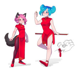 Rule 34 | 2girls, animal ears, blue eyes, blue hair, blush, cat ears, china dress, chinese clothes, coin, dress, ellevia, evie (paladins), full body, maeve (paladins), multiple girls, paladins, pantyhose, pink eyes, pink hair, tail, white background