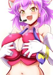 Rule 34 | 1girl, :3, :d, animal ear fluff, animal ears, bare shoulders, blush, breasts, bursting breasts, character request, cleavage, cleavage cutout, clothes pull, clothing cutout, collared shirt, crop top, elbow gloves, fang, gloves, large breasts, medium hair, microphone, midriff, nami makoto, navel, open mouth, presenting, purple hair, red shirt, shirt, simple background, sleeveless, sleeveless shirt, smile, solo, upper body, white background, white gloves, yellow eyes