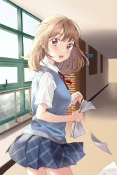 Rule 34 | 1girl, arms up, blue skirt, blue sweater vest, blush, breasts, brown eyes, contrapposto, cowboy shot, day, floating clothes, floating hair, from side, hallway, handrail, holding, holding paper, indoors, light brown hair, light particles, looking at viewer, looking back, medium breasts, miniskirt, open mouth, original, paper, red neckwear, red ribbon, ribbon, school uniform, shirt, short hair, short sleeves, skirt, solo, standing, striped clothes, striped skirt, sweater vest, teeth, uniform, unya (unya-unya), upper teeth only, white shirt, window