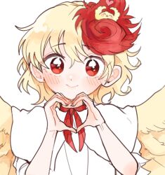 Rule 34 | 1girl, animal, animal on head, bird, bird on head, bird wings, blonde hair, blush, chick, closed mouth, feathered wings, hair between eyes, heart, heart hands, itomugi-kun, looking at viewer, multicolored hair, niwatari kutaka, on head, red eyes, red hair, short hair, simple background, smile, solo, touhou, two-tone hair, upper body, white background, wings, yellow wings