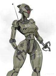 Rule 34 | assaultron, body writing, decal, fallout (series), fallout 4, highres, humanoid robot, john fox, no humans, robot, simple background, sketch, white background