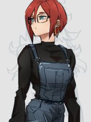 Rule 34 | 1girl, alternate hair length, alternate hairstyle, androgynous, android 21, black sweater, blue eyes, closed mouth, dragon ball, dragon ball fighterz, earrings, grey background, hair between eyes, hoop earrings, jewelry, kemachiku, long sleeves, looking to the side, overalls, red hair, short hair, simple background, sketch, solo, sweater