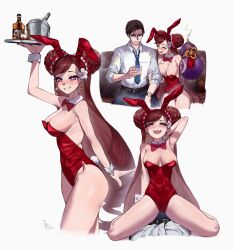 Rule 34 | 1boy, 1girl, absurdres, alcohol, animal ears, armpits, blush, bow, bowtie, breast press, breasts, brown hair, bulge, closed eyes, covered navel, detached collar, double bun, drink, drooling, drunken swordmaster lynn, earrings, erection, erection under clothes, fake animal ears, fake tail, fang, fun shalam, grin, guardian tales, hair bun, half-closed eyes, heart, heart earrings, highres, holding, holding another&#039;s arm, holding drink, holding tray, ice bucket, jewelry, leotard, long hair, looking at viewer, medium breasts, mouth drool, multiple views, playboy bunny, purple eyes, rabbit ears, rabbit tail, red bow, red bowtie, red hair, sideboob, skin fang, smile, straddling, sweat, tail, tray, very long hair, wrist cuffs