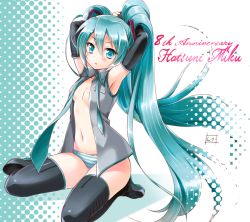Rule 34 | 1girl, adjusting hair, anniversary, aqua eyes, aqua hair, armpits, arms up, blush, boots, breasts, character name, cursive, detached sleeves, halftone, halftone background, hatsune miku, long hair, looking at viewer, navel, necktie, no bra, open clothes, open mouth, open shirt, panties, shikato miyo, shirt, sitting, small breasts, solo, striped clothes, striped panties, thigh boots, thighhighs, twintails, underwear, very long hair, vocaloid