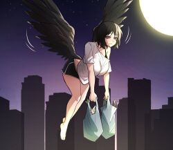 Rule 34 | 1girl, bag, barefoot, black hair, black shorts, black wings, bra strap, breasts, cityscape, collarbone, commission, feathered wings, flying, grocery bag, highres, holding, holding bag, large breasts, low wings, mole on body, moon, night, night sky, original, purple eyes, shirt, shopping bag, short sleeves, shorts, single off shoulder, sky, solo, spring onion, star (sky), sung08ko, sweatdrop, white shirt, wings