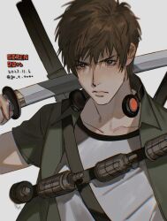 Rule 34 | 1boy, artist name, bishounen, black trim, brown eyes, brown hair, closed mouth, collarbone, collared shirt, dated, english text, explosive, film grain, forbidden siren, forbidden siren 2, go e 0000, green shirt, grenade, headphones, headphones around neck, highres, holding, holding sword, holding weapon, katana, kyoya suda, lips, looking at viewer, male focus, nose, open clothes, open shirt, over shoulder, sheath, shirt, short hair, short sleeves, simple background, solo, straight hair, strap, sword, sword over shoulder, upper body, v-shaped eyebrows, weapon, weapon over shoulder, white background, white shirt