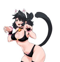 Rule 34 | 1girl, absurdres, animal ears, bell, black bra, black choker, black hair, black nails, black panties, black thighhighs, blush, borrowed character, bra, cat ears, cat tail, choker, claw pose, curvy, fake animal ears, hair between eyes, highres, lucia (scott malin), medium hair, nail polish, navel, neck bell, open mouth, original, panties, shadow, simple background, smile, solo, tail, thighhighs, underwear, underwear only, white background, wide hips, xyge
