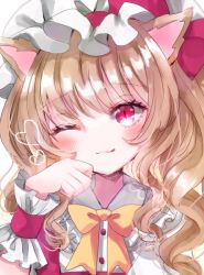 Rule 34 | 1girl, animal ears, blush, bow, bowtie, brown hair, buttons, cat ears, closed mouth, collared shirt, commentary request, dress, flandre scarlet, hair between eyes, hand up, hat, hat bow, heart, jaku sono, light brown hair, looking at viewer, medium hair, mob cap, one eye closed, one side up, pink bow, pink dress, pink eyes, puffy short sleeves, puffy sleeves, shirt, short sleeves, simple background, smile, solo, touhou, upper body, white background, white hat, white shirt, wrist cuffs, yellow bow, yellow bowtie