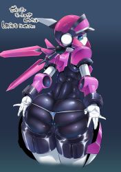 Rule 34 | 1girl, android, ass, bent over, cameltoe, cleft of venus, dated, g-string, gradient background, highres, looking back, motoroid pinkle (polynian), no mouth, no pupils, panties, pinkle (polynian), pochincoff, robot, robot neoanthropinae polynian, solo, thighhighs, thong, twintails, underwear, wedgie