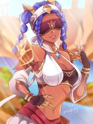 Rule 34 | 1girl, armor, bare shoulders, blindfold, blue hair, braid, dark-skinned female, dark skin, detached sleeves, genshin impact, gloves, hairband, highres, jeht (genshin impact), jewelry, mingway, navel, necklace, red sash, sash, scar, scar on stomach, shoulder armor, simple background, smile, twin braids, twintails