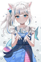 Rule 34 | 1girl, absurdres, animal ears, blue dress, blue eyes, blue hair, blunt bangs, blush, cat ears, cowboy shot, dress, fins, fish tail, gawr gura, gawr gura (casual), highres, hololive, hololive english, hydrokinesis, long hair, looking at viewer, multicolored hair, official alternate costume, ponytail, shark tail, side ponytail, silver hair, simple background, smile, solo, streaked hair, tail, trident print, two-tone hair, ueng, virtual youtuber, water, white background