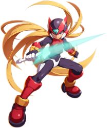 Rule 34 | 1boy, android, black eyes, blonde hair, capcom, energy sword, fighting stance, full body, helmet, highres, holding, holding weapon, long hair, male focus, mega man (series), mega man x (series), mega man x dive, mega man zero (series), mizuno keisuke, official art, solo, sword, transparent background, weapon, zero(z) (mega man), zero (mega man)