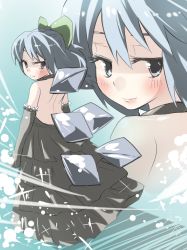 Rule 34 | 1girl, alternate costume, back, blue eyes, blue hair, cirno, commentary request, dress, elbow gloves, formal, gaoo (frpjx283), gloves, looking back, matching hair/eyes, smile, solo, touhou, wings