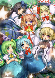 Rule 34 | 6+girls, ascot, barefoot, black hair, blonde hair, blue dress, blue eyes, blue hair, book, bow, chestnut mouth, cirno, commentary request, daiyousei, dress, drill hair, closed eyes, fairy wings, flower, grass, green eyes, green hair, hair bow, hair ribbon, hat, juliet sleeves, light brown hair, lily white, long hair, long sleeves, luna child, lying, multiple girls, obi, on back, on ground, one eye closed, open mouth, pink eyes, puffy short sleeves, puffy sleeves, ribbon, sash, shirt, short sleeves, side ponytail, skirt, skirt set, smile, star (symbol), star sapphire, sunny milk, touhou, umigarasu (kitsune1963), very long hair, vest, white dress, wide sleeves, wings, yellow eyes