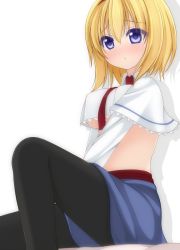 Rule 34 | 1girl, alice margatroid, black pantyhose, blue eyes, blush, breasts, capelet, chimunge, female focus, hairband, highres, large breasts, long sleeves, looking at viewer, navel, necktie, no shirt, pantyhose, short hair, sitting, skirt, solo, topless, touhou, underboob
