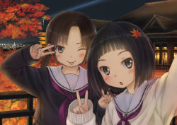 Rule 34 | 2girls, :p, black hair, blush, brown eyes, cityscape, hair ornament, highres, kyoto, leaf, leaf on head, multiple girls, object on head, one eye closed, original, photo (object), reaching, reaching towards viewer, school uniform, selfie, serafuku, short hair, sleeves past wrists, smile, taka (tsmix), taking picture, tongue, tongue out, v, wink