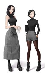 Rule 34 | 2girls, absurdres, bare arms, bare shoulders, black footwear, black hair, black sweater, boots, breasts, brown eyes, commentary, cup, disposable cup, english commentary, full body, grey eyes, grey skirt, hands in pockets, head tilt, height difference, high-waist shorts, high heels, highres, holding, holding cup, long hair, long skirt, long sleeves, looking at viewer, looking to the side, medium breasts, mole, mole under eye, multiple girls, original, pantyhose, parted lips, platform footwear, shirt, short hair, shorts, simple background, skirt, skirt pocket, sleeveless, sleeveless turtleneck, smile, standing, sweater, tbocart, turning head, turtleneck, white background