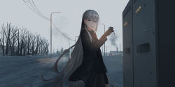 Rule 34 | 1girl, bare tree, black gloves, black jacket, black necktie, black pants, black ribbon, black shirt, breasts, chihuri, cigarette, collared shirt, commentary request, cup, drinking glass, glint, gloves, grey hair, hair between eyes, hair ribbon, holding, holding cup, jacket, lamppost, long hair, long sleeves, looking at viewer, necktie, original, outdoors, overcast, pants, ribbon, shirt, sidelocks, sky, small breasts, smoking, solo, standing, tree, vending machine, very long hair, zoya petrovna vecheslova