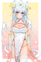 Rule 34 | 1girl, absurdres, ahoge, animal, animal ear fluff, animal ears, bird, blue eyes, breasts, cat ears, cat tail, chick, china dress, chinese clothes, cleavage, cleavage cutout, clothing cutout, commentary request, covered navel, double bun, dress, floral print, gloves, gradient background, hair bun, hair ribbon, heart, highres, holding, holding own hair, large breasts, long hair, looking at viewer, mole, mole on breast, mole under eye, open mouth, original, panties, print dress, red ribbon, ribbon, side-tie bottom, side-tie panties, side slit, silver hair, spoken heart, standing, tail, thighhighs, thighs, underwear, very long hair, white dress, white gloves, white panties, white thighhighs, yukineko1018