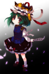 Rule 34 | 1girl, black background, female focus, full body, gradient background, green hair, grey background, hat, looking up, nishiki koi, no nose, petals, rod of remorse, shiki eiki, smile, solo, standing, touhou, white background