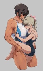 Rule 34 | 2girls, black hair, blonde hair, blue eyes, breasts, closed eyes, commentary, competition swimsuit, dark-skinned female, dark skin, grey background, height difference, highres, kei (m k), large breasts, m k, multiple girls, muscular, muscular female, one-piece swimsuit, original, petite, ponytail, rika (m k), short hair, simple background, size difference, sweat, swimsuit, symbol-only commentary, tall, tall female, thick thighs, thighs, tomboy, yuri