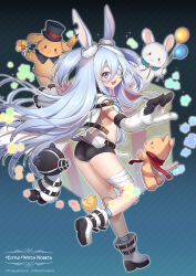 Rule 34 | 1girl, animal ears, arms up, artist request, ass, bandage over one eye, bandaged head, bandaged leg, bandages, black shorts, blue eyes, blue hair, boots, copyright name, doll joints, ear tag, elbow gloves, from behind, full body, gloves, hat, highres, joints, leg up, legs, little witch nobeta, long hair, looking back, monica (little witch nobeta), official art, open mouth, rabbit ears, scarf, sharp teeth, short shorts, shorts, smile, socks, standing, standing on one leg, striped clothes, striped footwear, striped socks, stuffed animal, stuffed cat, stuffed rabbit, stuffed toy, tabard, teddy bear, teeth, thighs, top hat, very long hair, white footwear, white gloves, white tabard, wind, wind lift