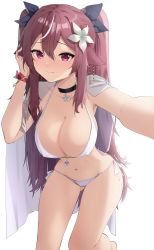 Rule 34 | 1girl, absurdres, animal ears, armpits, bare arms, bare shoulders, bikini, black choker, breasts, brown hair, capelet, choker, cleavage, collarbone, covered erect nipples, floppy ears, flower, gluteal fold, hair flower, hair ornament, hair ribbon, halterneck, hand up, highres, indie virtual youtuber, kanzashi, large breasts, lilya kyomi (fiwivt), long hair, looking at viewer, multicolored hair, navel, ribbon, see-through, selfie, side-tie bikini bottom, simple background, smile, solo, steeb, stomach, streaked hair, string bikini, swimsuit, tagme, thighs, two side up, very long hair, virtual youtuber, white background, white bikini