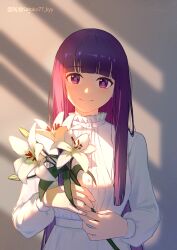 Rule 34 | 1girl, absurdres, artist name, blunt bangs, closed mouth, commentary request, dress, fern (sousou no frieren), flower, highres, holding, holding flower, long hair, long sleeves, looking at viewer, purple eyes, purple hair, satoko77, smile, solo, sousou no frieren, straight hair, twitter username, upper body, very long hair, white dress, white flower