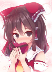 Rule 34 | 1girl, ahoge, ascot, beni shake, blush, bow, box, brown eyes, brown hair, candy, chocolate, chocolate heart, detached sleeves, expressive clothes, food, gift, gift box, hair bow, hair ribbon, hair tubes, hakurei reimu, heart, heart-shaped box, looking at viewer, nervous, nontraditional miko, revision, ribbon, shy, solo, touhou, valentine