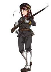 Rule 34 | 1girl, absurdres, arisaka, bolt action, boots, brown hair, combat boots, gloves, gun, hat, highres, imperial japanese army, military, military hat, military uniform, myon2, original, rifle, uniform, weapon, yellow eyes