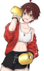Rule 34 | 1girl, ahoge, black shorts, blue eyes, boxing gloves, brown hair, clenched teeth, collarbone, commentary request, cowboy shot, crop top, gawako, gym shorts, hand up, highres, jacket, long sleeves, looking at viewer, midriff, off shoulder, ousumi mamiya, parted lips, red jacket, sakura kakumei, sakura taisen, short hair, shorts, simple background, sleeves rolled up, solo, star (symbol), string in mouth, tank top, teeth, tomboy, white background, white tank top