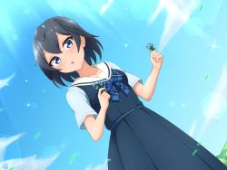 Rule 34 | 1girl, :o, absurdres, alternate costume, black hair, blue bow, blue bowtie, blue eyes, blue sky, bow, bowtie, cloud, collarbone, commentary, day, dress, dutch angle, flower, head wings, highres, holding, holding flower, kemono friends, lens flare, looking at viewer, outdoors, plaid, plaid bow, plaid bowtie, plaid neckwear, sailor dress, shiraha maru, short hair, short sleeves, signature, sky, solo, sunlight, superb bird-of-paradise (kemono friends), wings