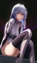 Rule 34 | 1girl, absurdres, ass, ayanami rei, black background, breasts, closed mouth, crossed bangs, feet out of frame, hair ornament, highleg, highleg leotard, highres, huge filesize, leotard, long hair, looking at viewer, lu (ssuel), neon genesis evangelion, red eyes, silver hair, sitting, small breasts, solo, thighhighs, thighs, white leotard, white thighhighs