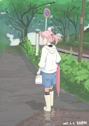 Rule 34 | 1girl, alternate costume, black socks, blurry, blurry background, boots, box, casual, closed mouth, commentary request, dated, denim, denim shorts, fence, food, forest, from behind, full body, grass, hair between eyes, hair bobbles, hair ornament, holding, holding umbrella, hood, hoodie, kantai collection, long sleeves, looking to the side, mihama machi, nature, path, pink umbrella, puddle, rabbit, reflection, reflective water, road, road sign, sazanami (kancolle), shadow, shorts, sign, signature, smile, socks, solo, stuffed toy, tree, twintails, umbrella, utility pole, walking, white footwear, white hoodie
