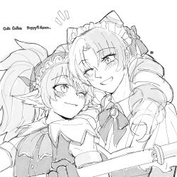 Rule 34 | 2girls, ;), ;d, blush, bow, cafe cuties gwen, cafe cuties poppy, cone hair bun, drill hair, english text, fang, greyscale, grin, gwen (league of legends), hair bow, hair bun, highres, holding, holding weapon, league of legends, looking at another, maid headdress, monochrome, multiple girls, official alternate costume, one eye closed, open mouth, pointy ears, poppy (league of legends), smile, teeth, twin drills, twintails, weapon, xayahsona 27, yordle