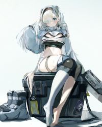 Rule 34 | 1girl, arknights, asymmetrical legwear, aurora (arknights), barefoot, blue background, blue eyes, boots, bra, breasts, commentary request, crate, hair over one eye, headband, highres, long hair, long sleeves, looking at viewer, midriff peek, sankichi (croquette crab), simple background, sitting, solo, thigh strap, thighhighs, thighs, underwear, unworn boots, white hair