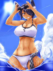 Rule 34 | 10s, 1girl, abs, absurdres, bikini, black hair, breasts, cleavage, cloud, covered erect nipples, eyepatch, gluteal fold, goggles, goggles on head, grin, headgear, highres, kantai collection, large breasts, navel, ron-bb69, short hair, sky, solo, standing, swimsuit, tenryuu (kancolle), tsubuki (ron-bb69), wading, water, wet, yellow eyes