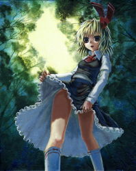 Rule 34 | 1girl, blonde hair, brown eyes, clothes lift, embodiment of scarlet devil, female focus, forest, from below, kabaji, kneehighs, light smile, looking down, nature, no panties, oil painting (medium), open mouth, painting (medium), rumia, short hair, skirt, skirt lift, socks, solo, touhou, traditional media, tree, white socks